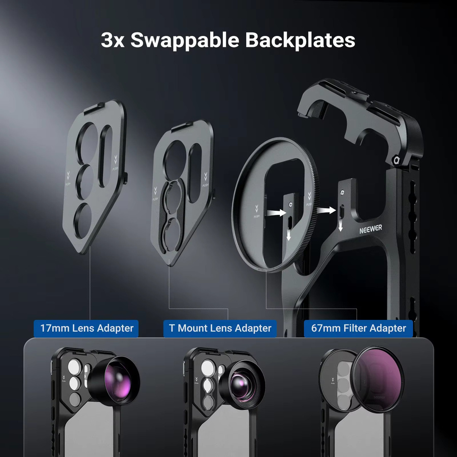 NEEWER S26 Ultra Smartphone-Käfig Mobile Video-Rig Stabilisator Vlog-Kit in Schwarz mit 3X Rückplatte für 67mm Filter, 17mm Smartphone-Objektiv und T-Mount-Objektiv - Bild 5