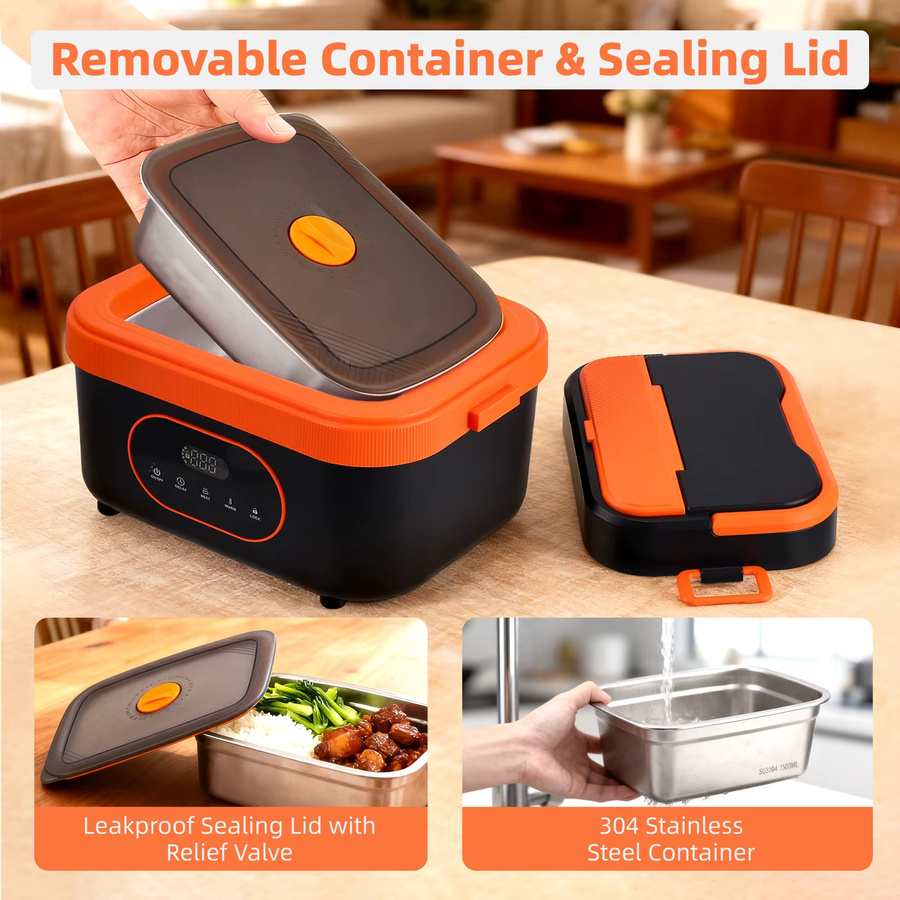 Elektrische Lunchbox von Rbefeuly mit Edelstahlschüssel, 1500 ml Speisenwärmer für Büro und Reisen, Schwarz oder Orange - Bild 6