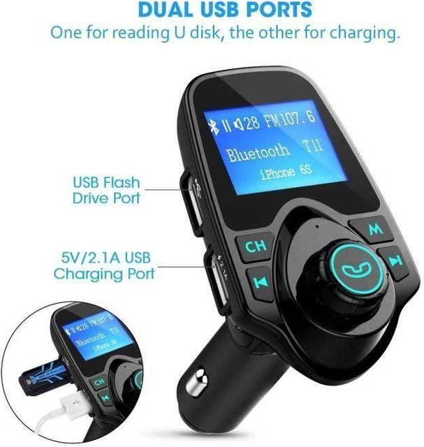 Techtrusty Bluetooth MP3-Player FM-Transmitter mit Freisprechanruf und doppelter USB-Ladung in Schwarz oder Grau - Bild 1