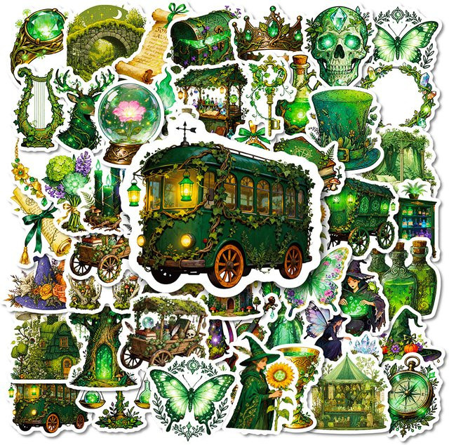 Rspctou Aufkleber Set Magischer Wald und Hexe in Grün im Retro Gothic Stil für Tagebuch und Koffer - Bild 1