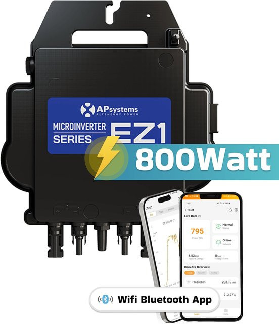 AP Systems Mikro-Wechselrichter EZ1-M-EU 800 W in Schwarz für Balkonkraftwerke mit 2 MPPT, Bluetooth und WIFI, IP67 wetterfest - Bild 1