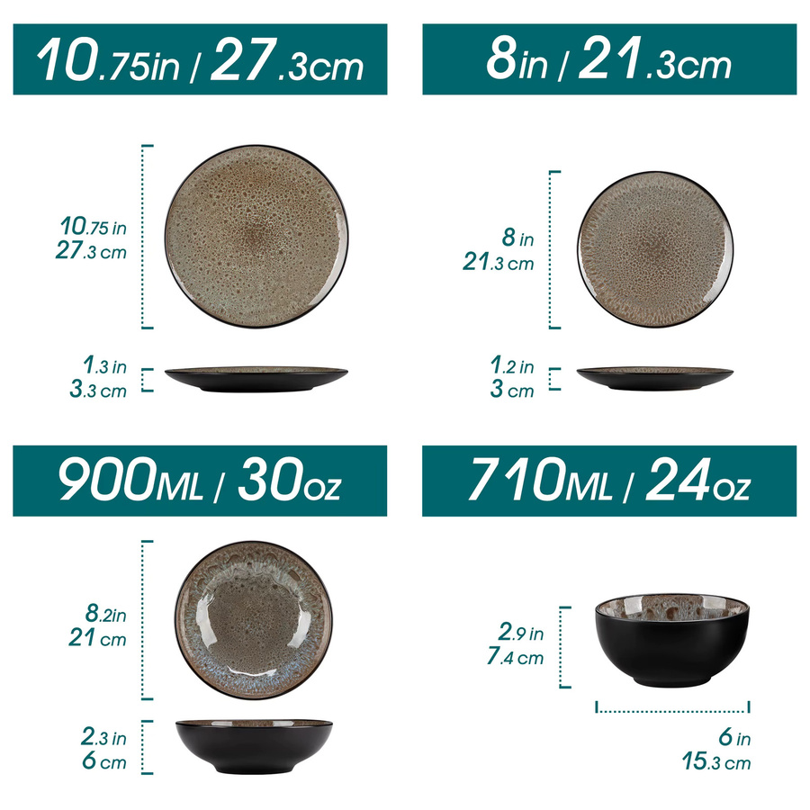 Vancasso 16-teiliges Bubble Geschirrset aus Steinzeug in Braun mit reflektierender Glasur bestehend aus Speisetellern, Desserttellern, Schüsseln und Suppentellern - Bild 2