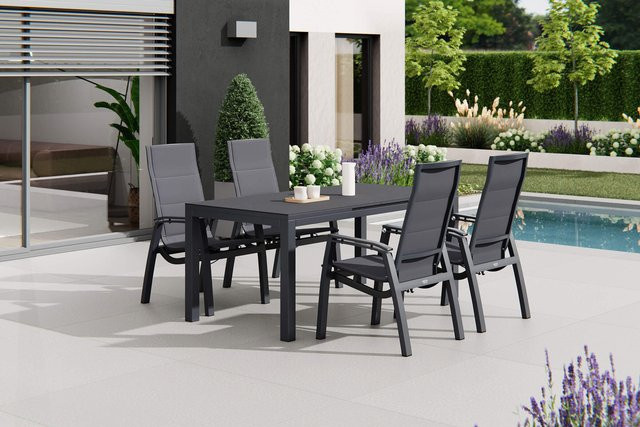 Siena Garden Miros/Milano Garten-Essgruppe in Anthrazit mit Ausziehtisch und 4 Stapelsesseln aus Alu, Glas und Ranotex-Gewebe, Tisch B: 180 bis 240 cm, T: 90 cm, H: 75 cm - Bild 1