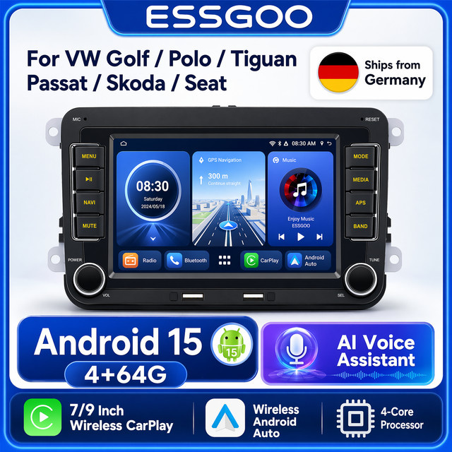 ESSGOO Android 15 Autoradio mit GPS für VW Volkswagen Skoda Octavia Golf 5 6 Touran Passat B6 Polo Jetta 2Din Multimedia-Player in Schwarz mit 9,0 Zoll Display - Bild 1