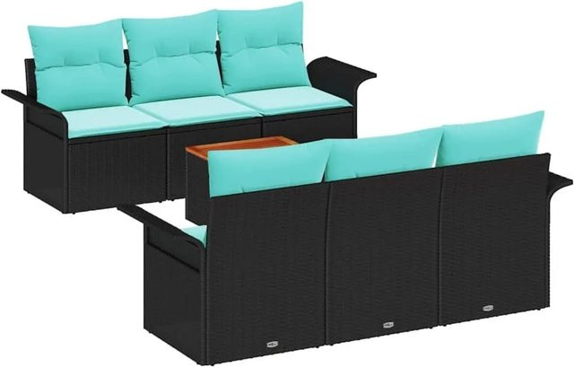 vidaXL Gartensofa-Set aus 7 Teilen in Schwarz und Türkis aus Poly-Rattan mit pulverbeschichtetem Stahlrahmen und Polsterkissen - Bild 1