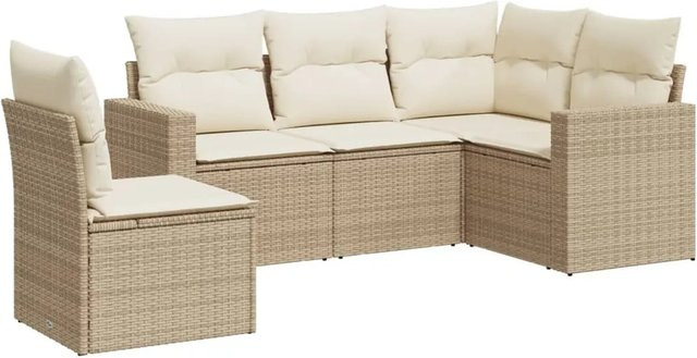 vidaXL 5-teilige Garten-Sofagarnitur in L-Form aus Poly-Rattan in Beige mit Sitz- und Rückenkissen - Bild 1