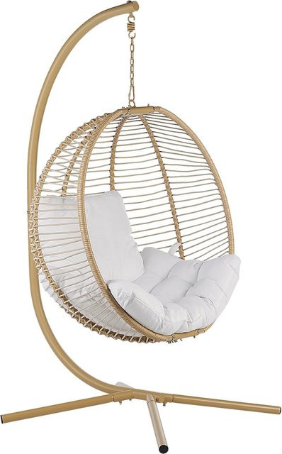 Beliani Hängesessel Egg im Boho-Stil mit Standmontage und Kissen, Beige/Weiss, B: 98 cm, T: 100 cm, H: 197 cm - Bild 1