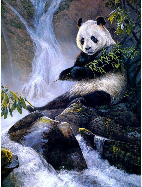 FIYO DIY Diamantmalerei Panda Wasserfall 5D Stickerei mit runden Steinen, Grau/Mehrfarbig, B x H: 20 x 30 cm - Bild 1
