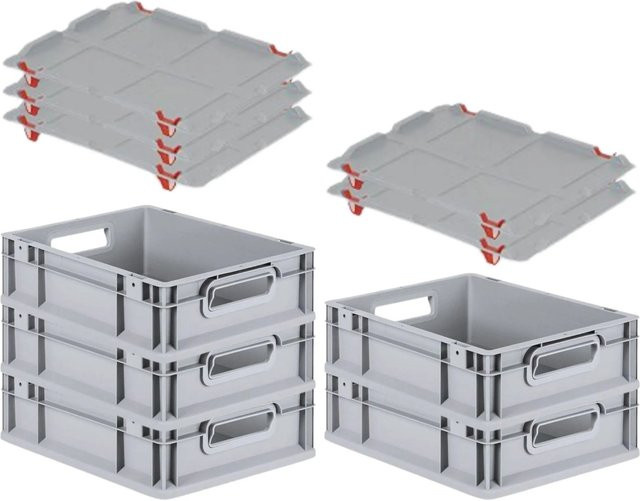 PROREGAL SparSet 5x Eurobox NextGen Grip mit Auflagedeckel und roten Schiebeschnappverschlüssen, Grau, H x B x T: 12 x 30 x 40 cm, 11 Liter - Bild 1