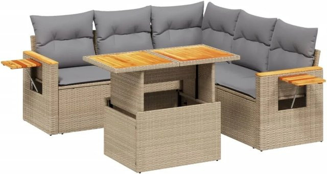 vidaXL 6-tlg Garten-Sofagarnitur L-Form aus Poly-Rattan und Akazienholz in Beige mit UV-beständigen Kissen - Bild 1