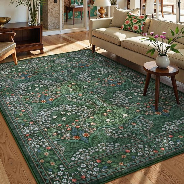 Maschinenwaschbarer Nordischer Wohnzimmerteppich mit böhmischem Blumenmuster von LYAHKAE, rutschfester Teppich für Schlafzimmer und Wohnzimmer - Bild 1