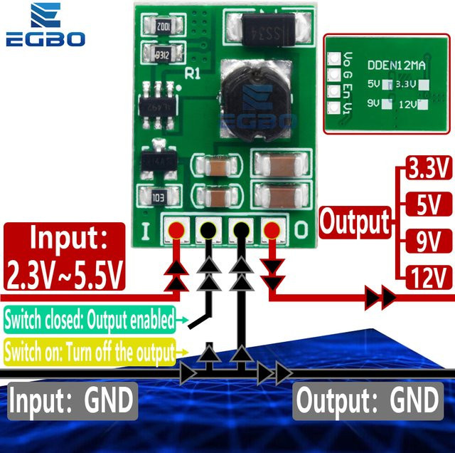 EGBO DC-DC-Aufwärtswandlermodul mit Aktivierungsfunktion in Grün, Eingang 2,3 V bis 5 V, Ausgang 3,3 V bis 12 V - Bild 1