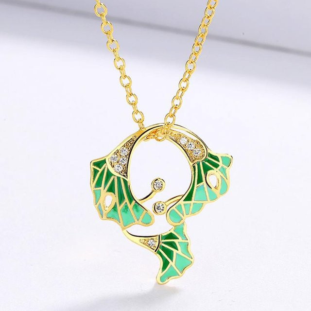 YIRAN Jewelry Anhänger Gingkoblatt, Emaille, Kupfer, Grün, Zirkonia, Damen - Bild 1