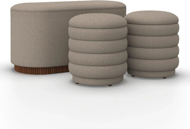 Bessagi Home Sitzbank Nina mit Stauraum und 2 Hockern aus Bouclé in Beige - Bild 1