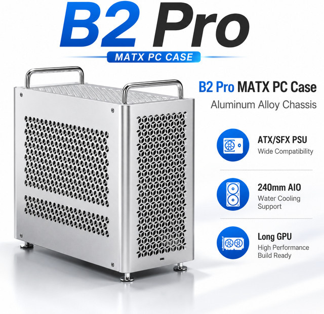 B2 Pro MATX ITX Computer-Gehäuse aus Aluminium-Legierung in Silber, Tragbares Desktop-PC-Chassis mit Unterstützung für ATX SFX Netzteile und 240mm Wasserkühlung - Bild 1