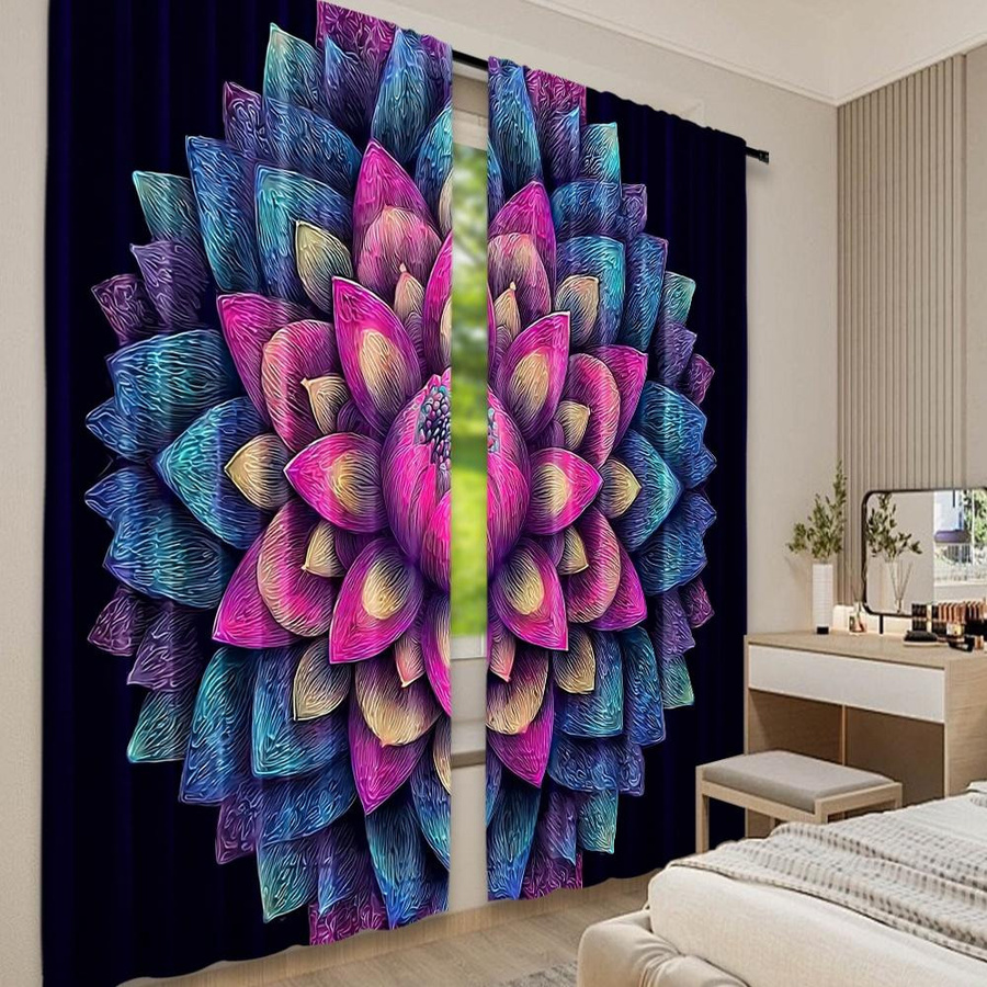 Tonnika Chen Vorhang-Set mit floralem Lotus-Motiv aus Polyester, blickdicht, Multicolor, B: 100 cm, H: 70 cm, 2 Stück - Bild 5