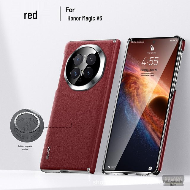Honor Magic V6 Faltbares Case aus echtem Leder mit magnetischem Scharnier und Anti-Drop-Abdeckung in Rot - Bild 1