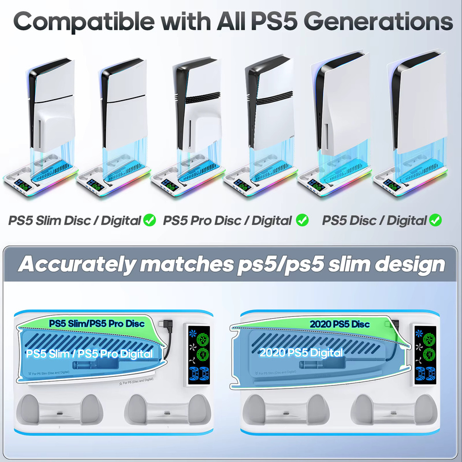 Sony Gaming Station Standfuß für PS5 Slim und PS5 Pro mit RGB-Beleuchtung und Kühlventilator in Weiß - Bild 3