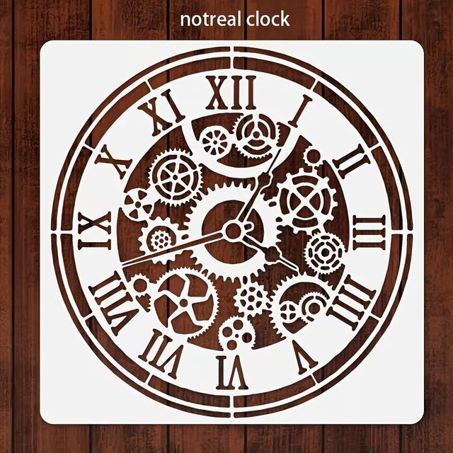 Steampunk Uhr Schablone mit Zahnrädern und römischen Ziffern für DIY Kunst und Handwerk, Weiß, Kunststoff, Durchmesser: 30 cm - Bild 1