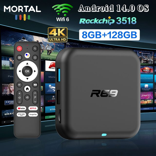 LVMAO Smart-TV-Box mit Android 14.0, 4K HDR, 128 GB Speicher, 8 GB RAM, WLAN 6, Bluetooth 5.0, Google Voice und Chromecast in Schwarz - Bild 1