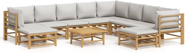 vidaXL 11-tlg. Garten-Lounge-Set aus Bambus mit grauen Polstern in L-Form - Bild 1