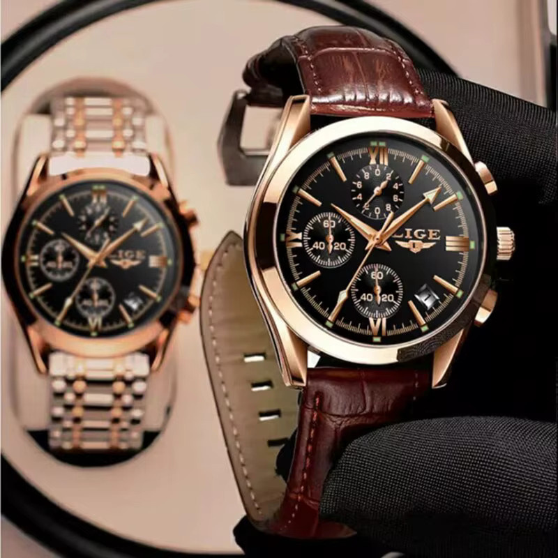 LIGE Chronograph, Quarzuhr, Leder, Schwarz, orange, Herren - Bild 2