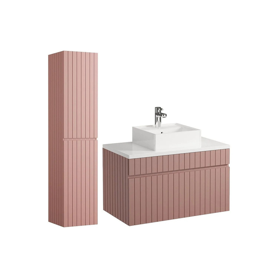 Vente-unique Badmöbel-Set Satara in Puderrosa mit Aufsatzwaschbecken und Hochschrank, matt und geriffelt, Breite: 80 cm, Tiefe: 46 cm, Höhe: 46 cm - Bild 2