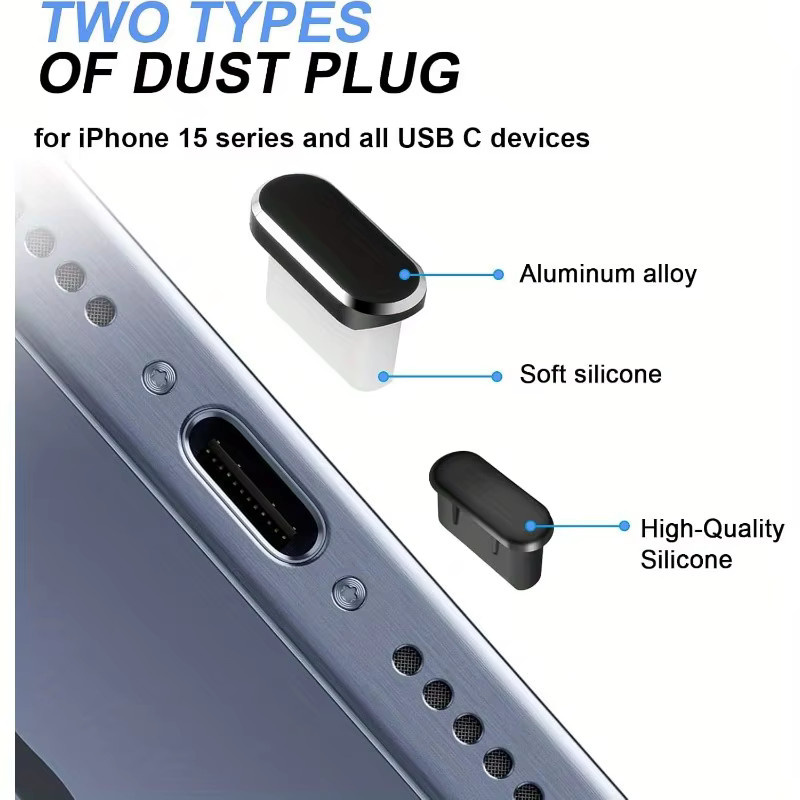 7er-Pack USB-C Anti-Staub-Stecker und Reinigungsbürsten-Set aus Aluminiumlegierung in Schwarz für iPhone 16 17 und Samsung Galaxy - Bild 3