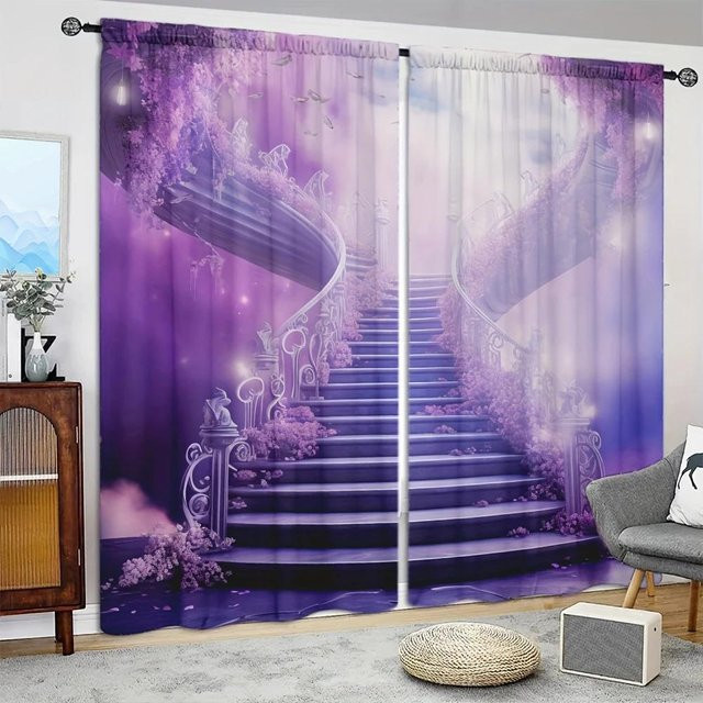 2er-Set bedruckte Vorhänge in Lila mit Naturmotiv, halbtransparent, B: 107 cm, H: 160 cm - Bild 1