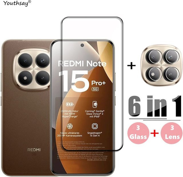 6in1 Schutzset für Redmi Note 15 Pro Plus und Redmi Note 15 Pro + 5G mit gehärtetem Glas Vollabdeckung und Objektivschutz in Transparent - Bild 1