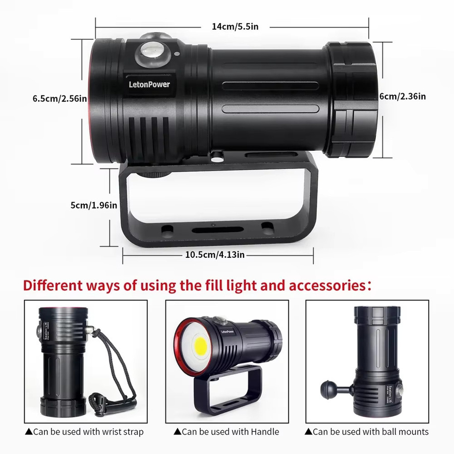 LetonPower LED Unterwasser Taschenlampe mit 22800 Lumen und 6 x XHP70, Wasserdichte Taktische Lampe in Schwarz für Fotografie und Video-Beleuchtung - Bild 5