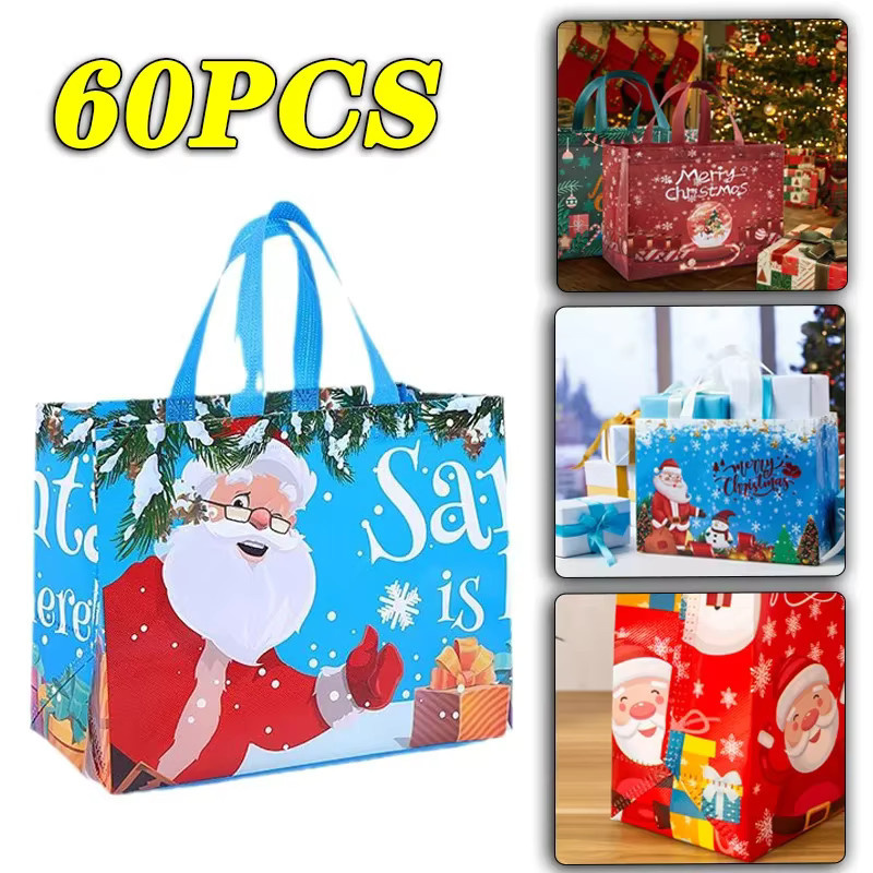 60er Set Weihnachts Geschenktüten aus wasserdichtem Vlies mit Santa, Elch und Schneeflocken Motiv in Blau - Bild 3