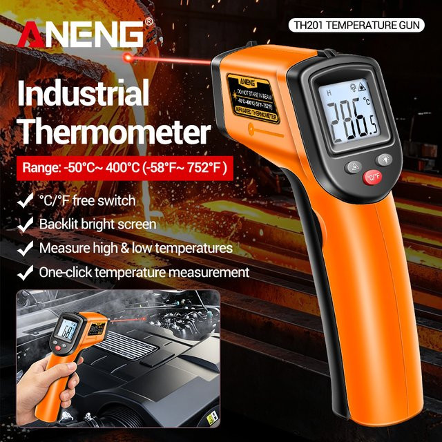 ANENG TH201 Digitales Infrarot-Thermometer mit Hygrometer in Orange-Schwarz zur berührungslosen Temperaturmessung von -50 bis 400 °C für Industrie und Haushalt - Bild 1