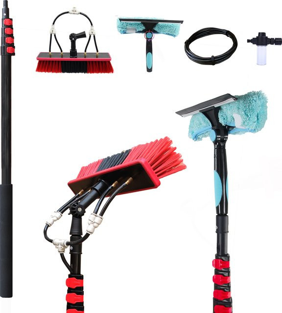 CNHOPOLE Wasserstangenbürste mit Teleskop-Verlängerungsstange und Abziehkit für Fensterreinigung und Solarpanel-Wäsche inklusive Mikrofasertuch - Bild 1