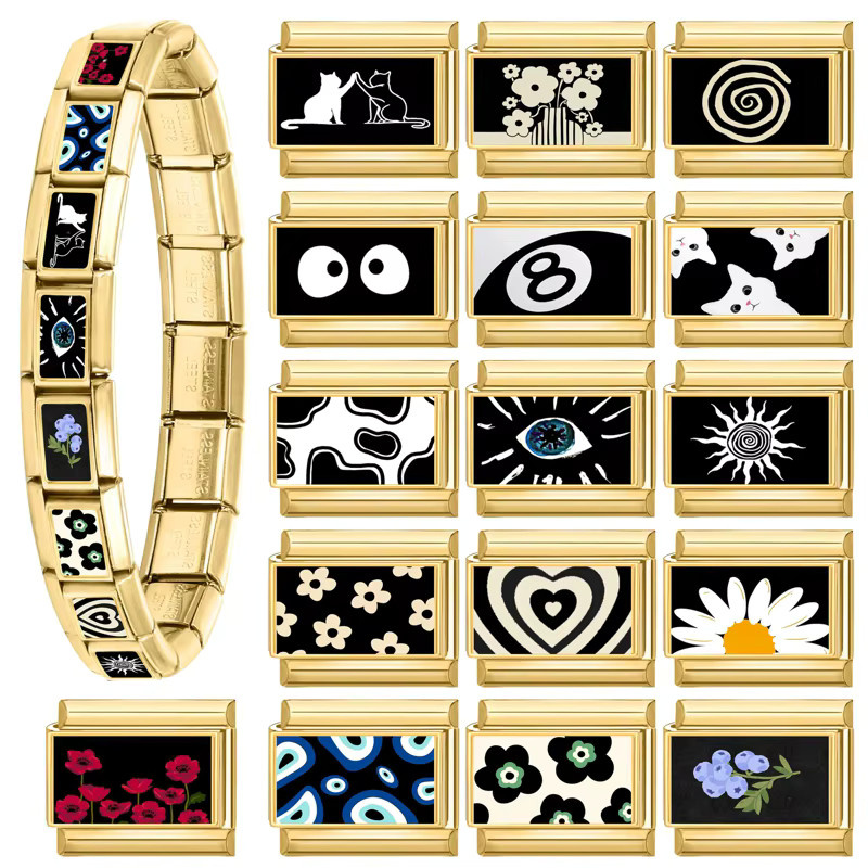 Yolorist Blumen-Katze Kugelaugen, goldene italienische Glieder, passend für 9 mm Edelstahl-modulare Armbänder - Bild 3