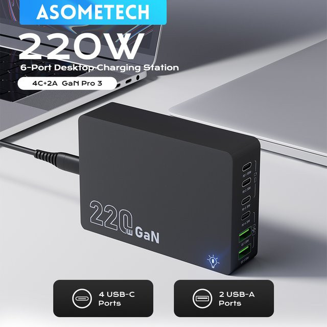 ASOMETECH 220W GaN Desktop-Ladegerät mit 6 Anschlüssen, PD 100W USB-C und QC 3.0 Schnellladestation für iPhone, Tablet, MacBook und Samsung Laptop - Bild 1