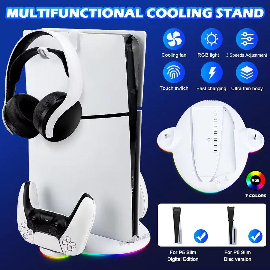 Hayoumon Kühlstation für PS5 Slim mit RGB-LED-Beleuchtung und Schnell-Ladestation für Controller, Weiß - Bild 2