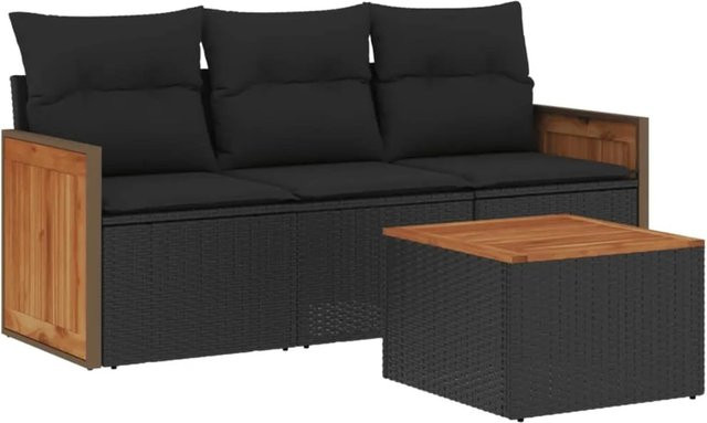 vidaXL 4-tlg. Garten-Sofagarnitur aus Poly-Rattan in Schwarz mit Kissen und Couchtisch - Bild 1