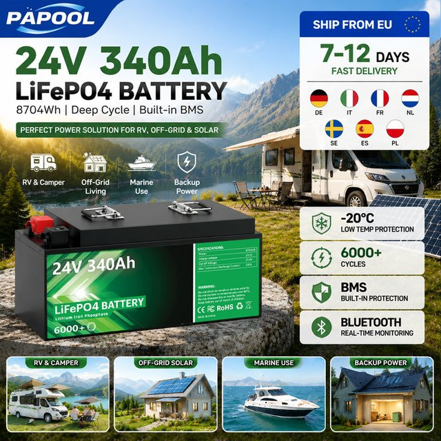 PAPOOL LiFePO4 Lithium-Batterie mit Bluetooth in Schwarz für Solarpanel, Wohnmobil, Golfwagen und Boot - Bild 1