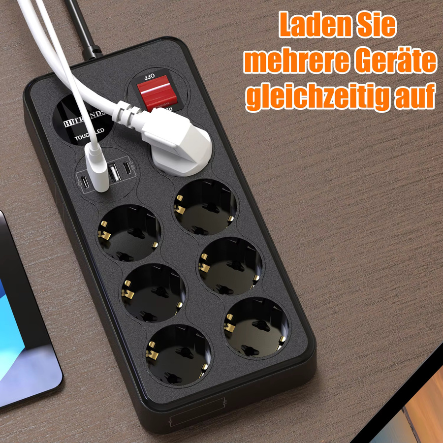HITRENDS 11-in-1 Multifunktionssteckdosenleiste mit 7 AC-Steckplätzen und 4 USB-Schnellladeanschlüssen, Schwarz, 1,8 m Kabel mit Touch-LED und Sicherheitsschutz - Bild 4