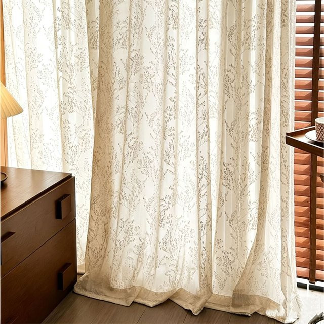 CENTURyMiG Kaschmir-Vorhang im französischen Stil mit floralem Pflanzenmuster, transparent und thermoisolierend, Farbe: Beige/Weiß/Transparent, B/H: 100 x 200 cm - Bild 1