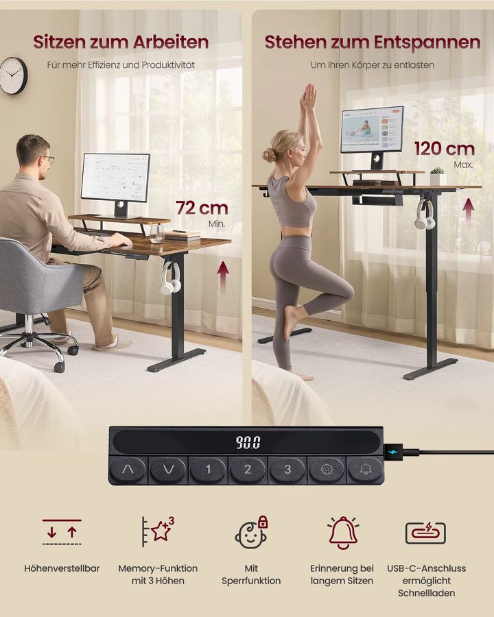 VASAGLE Höhenverstellbarer Schreibtisch mit Monitorständer und Schublade in Vintagebraun - Bild 3