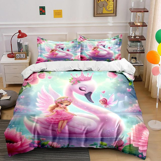Flylo Bettwäsche-Set mit Schwanen- und Feenmädchen-Print, Mikrofaser, Mehrfarbig, B/H: 180 x 210 cm - Bild 1
