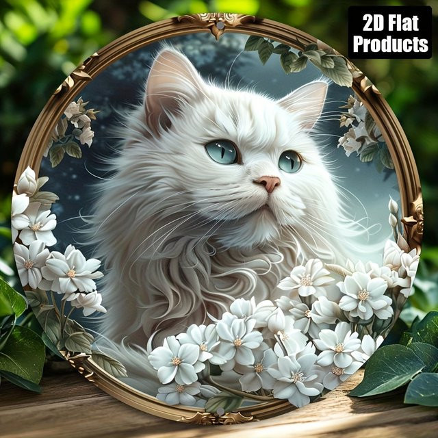 Potdemiel Rundes Aluminiumschild Vintage Metallschild mit weißer Katze Durchmesser: 20 cm - Bild 1