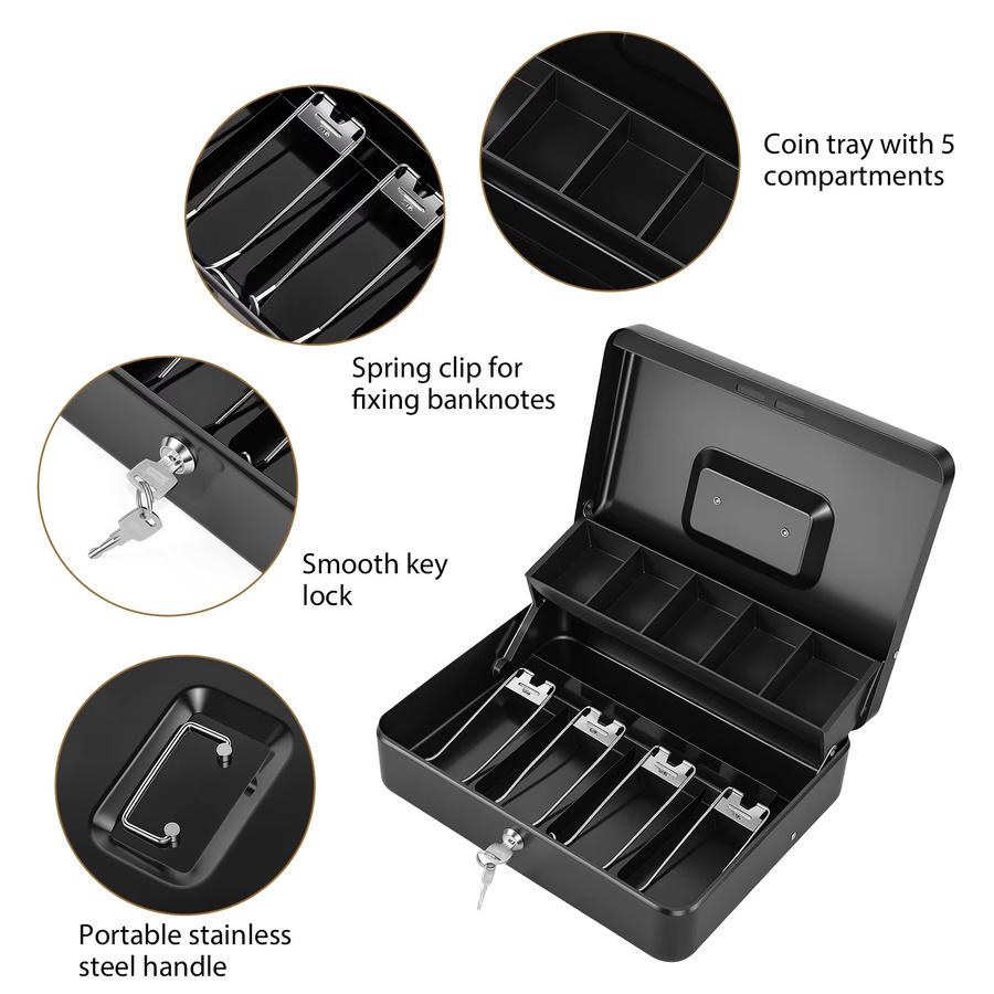 Metall-Geldkassette in Schwarz mit Schloss, 2 Schlüsseln und 5 Fächern inklusive Cantilever-Tablett für Einzelhandel und Büro - Bild 2