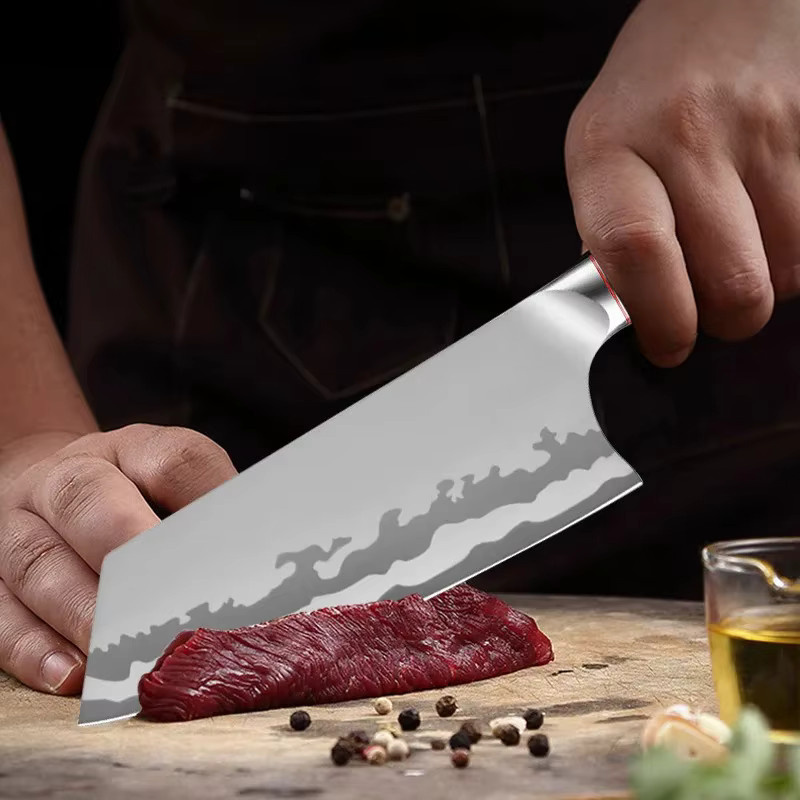 GuanQi Fleischbeil aus Edelstahl mit Holzgriff, gehämmerte Chef-Metzger-Messer in Silber - Bild 3