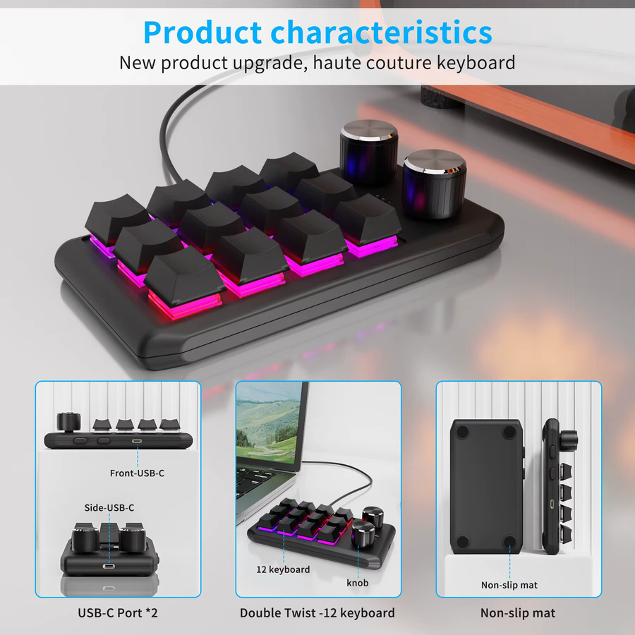 Ammtoo Mechanisches Macropad mit 12 Tasten und RGB-Beleuchtung, Programmierbare Bluetooth-Mini-Tastatur mit Hotswap-Funktion, Schwarz - Bild 4