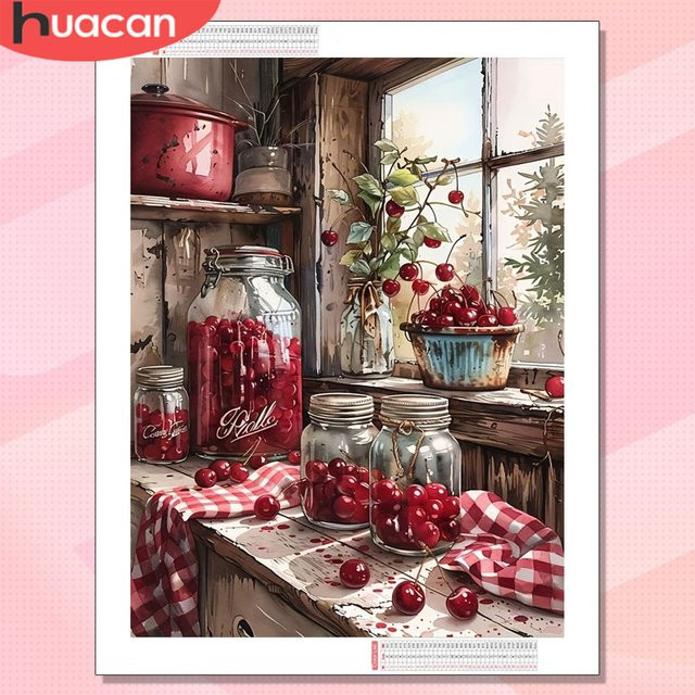 HUACAN 5D DIY Diamantmalerei Obst-Küchen-Landschaft mit Blumen als handgefertigtes Diamant-Mosaik in Multicolour, B/H: 30 x 30 cm - Bild 1