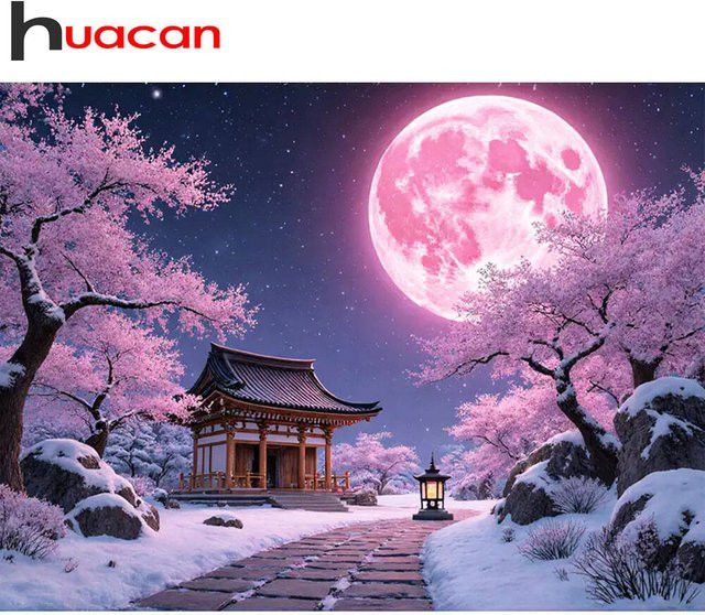 Huacan DIY Diamantgemälde Mondlandschaft Winter mit Full Round Steinchen zur Heimdekoration - Bild 1