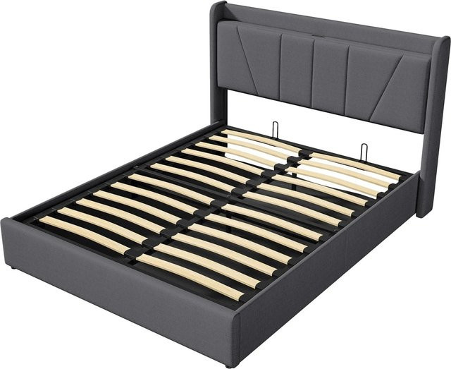PXloue Doppelbett Bettgestell in Grau mit USB-Ladefunktion und Stauraum durch Lift-up-Funktion, B/T/H: 140-160 x 200 x 147 cm - Bild 1